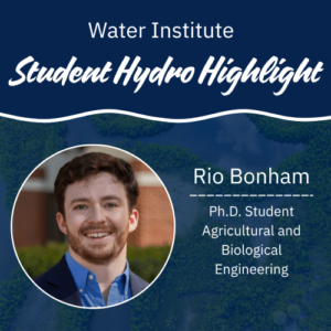 Headshot of Rio Bonham with text "Water Institute Student Hydro Highlight".