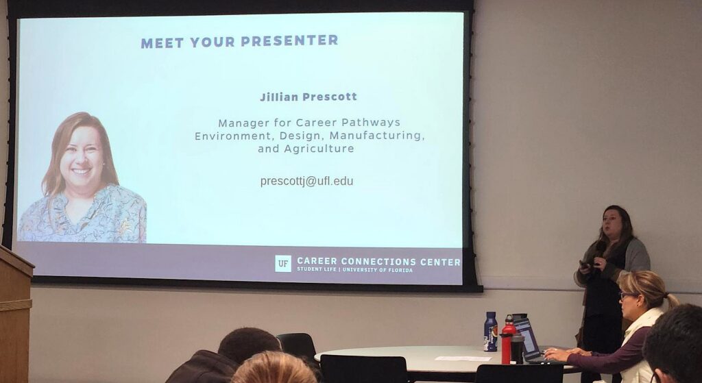 Jillian Prescott, Manager for Career Pathways at the Career Connection Center, giving a talk about professional branding and communication.