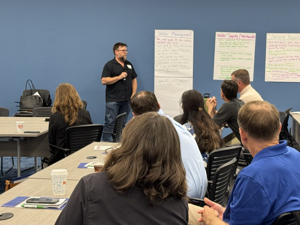 Water Institute Director Dr. Matt Cohen in front of a group discussing writings on a flipchart on the wall.