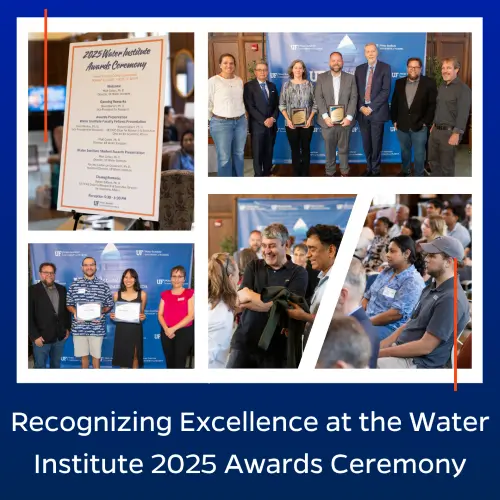 Recognizing Excellence at the Water Institute 2025 Awards ceremony with images of the agenda, speakers, and people conversing.
